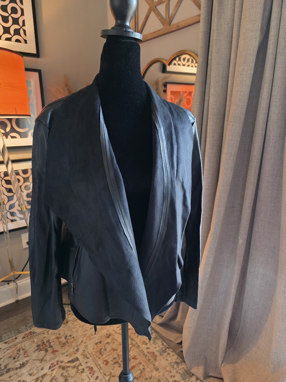 Bar III Black Draped Leather-Trim Open Front Jacket- P LARGE